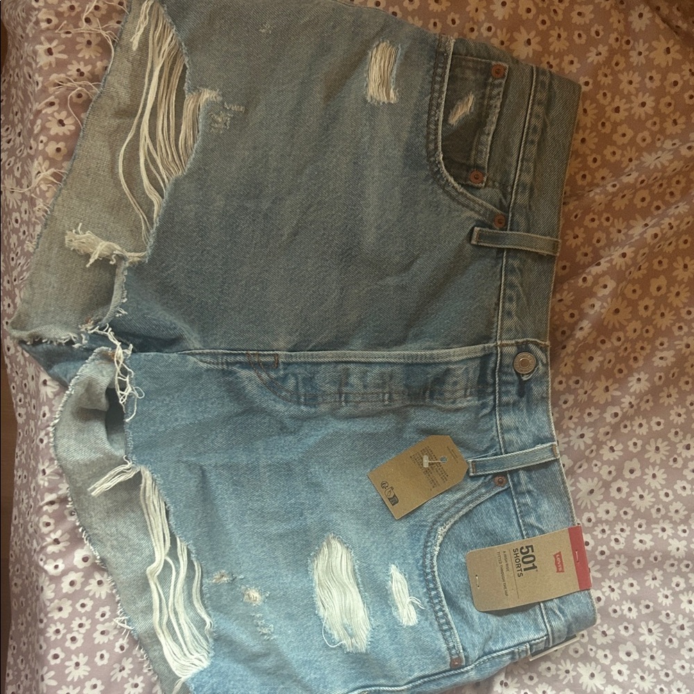 Levi's Light Blue Distressed High-Rise Denim Shorts